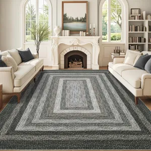 9x12 Area Rug Large Soft Washable Non-Slip Polyester Braided Print Thin Profile for Living Room Nursery Farmhouse