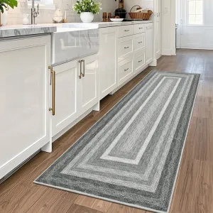 2x6 Washable Non Slip Runner Rug - Braided Print, Stain Resistant Easy Clean, Polyester, Low Pile, TPR Backing, Kitchen Bedroom Entry