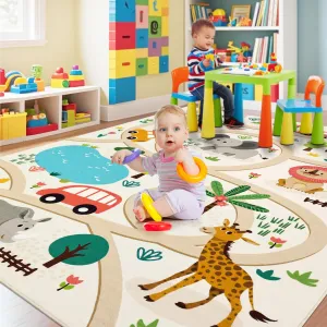 Washable Kids Rug 8x10 Play Mat Large Kids Room Rug for Playroom with Animals Road Non-Slip Stain-Resistant Educational Low Pile Kids Play Mat for Nursery Bedroom Toddler Room Classroom