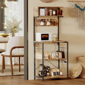 Kitchen Bakers Rack with Power Outlet, 4-Tier Storage, Ultra-Sturdy Metal Frame, 10 S-Hooks, Storage Shelf Rack Microwave Stand for Kitchen & Coffee Bar, Brown