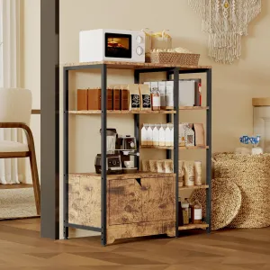 Bakers Rack with Storage Cabinets, Metal Frame & Solid Wood Shelves, Scratch-Resistant Countertop, Industrial 5-Tier Freestanding Microwave Stand for Dining Room, Kitchen, Brown