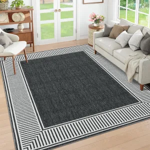 Bordered Black 10x13 Area Rug, Modern Large Living Room Area Rug Washable Bedroom Throw Carpet with Rubber Backing Low Pile Stain Resistant Contemporary Rug for Dining Room Home Office