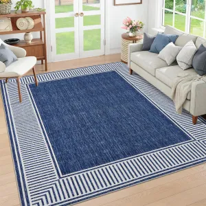 Bordered Blue 8x10 Living Room Area Rug Modern Striped Border Throw Carpet with Rubber Backing Low Pile Stain Resistant Dining Room Rug Contemporary Bordered Carpet for Home Office