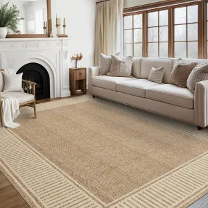 Bordered Khaki 10x13 Modern Area Rug Washable Large Living Room Rug with Rubber Backing Throw Carpet for Bedroom Dining Room