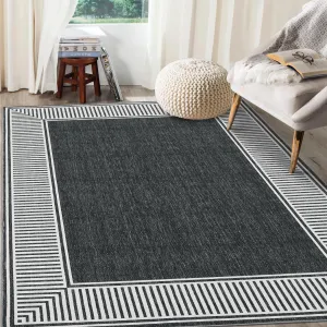 Bordered Black 8x10 Living Room Area Rug Modern Striped Border Throw Carpet with Rubber Backing Low Pile Stain Resistant Dining Room Rug Contemporary Bordered Carpet for Home Office, Black