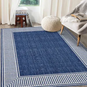 Bordered Blue 5x7 Washable Rug for Bedroom Large Living Room Rug with Rubber Backing Casual Striped Border Throw Carpet Modern Contemporary Area Rug for Dining Room Nursery Entry