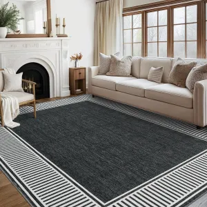 Bordered Black 9x12 Washable Area Rug Low-Pile Stain Resistant Non-Slip Polyester Machine Washable Modern Living Room Bedroom Office