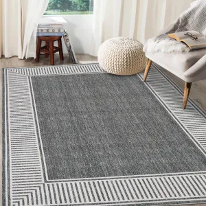 Bordered Grey 5x7 Washable Rug for Bedroom Large Living Room Rug with Rubber Backing Casual Striped Border Throw Carpet Modern Contemporary Area Rug for Dining Room Nursery Entry