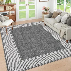 Bordered Grey 9x12 Modern Area Rug Washable Large Living Room Rug with Rubber Backing Throw Carpet for Bedroom Dining Room