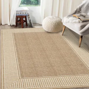 Bordered Khaki 5x7 Washable Rug for Bedroom Large Living Room Rug with Rubber Backing Casual Striped Border Throw Carpet Modern Contemporary Area Rug for Dining Room Nursery Entry, Khaki