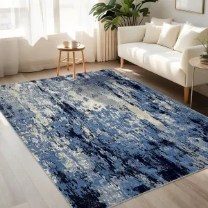 Modern Abstract 8x10 Washable Rug With Non-Slip Backing For Living Room Bedroom Office, Blue, Ultra-Thin, Stain Resistant