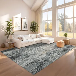 Modern Abstract 8x10 Washable Rug With Non-Slip Backing For Living Room Bedroom Office, Grey, Ultra-Thin Stain Resistant Carpet