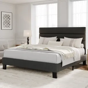 Queen Bed Frame Adjustable Headboard, Fabric Upholstered Wooden Slats Heavy Duty Mattress Foundation, Easy Assembly Platform Bed Frame for Bedroom, Dark Grey