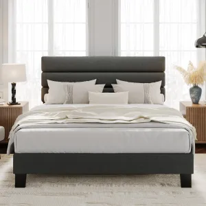 Full Size Bed Frame with Adjustable Headboard, Fabric Upholstered and Wooden Slats Support Platform Bed Frame, Dark Grey