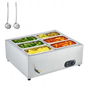 48QT Commercial Food Warmer - 1500W Stainless Steel 6-Pan Electric Steam Table for Catering, Restaurants, Hotels, and Parties