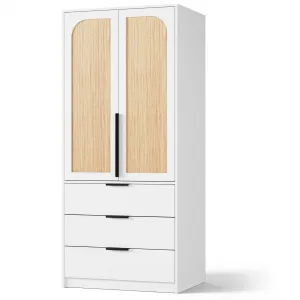 Armoire Wardrobe Closet with 3 Drawers and 2 Doors, Modern Wooden Wardrobe Cabinets for Hanging Clothes, Large Capacity Tall Standing Bedroom Armoires, Heavy Duty (Rattan, White)