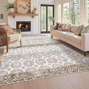Large Area Rug 9x12 Vintage Floral Geometric Washable Boho Carpet For Living Room Bedroom Beige