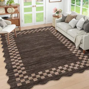 Bordered Brown 9x12 Scalloped Washable Area Rug for Living Room Modern Border Large Bedroom Throw Carpet with Rubber Backing Stain Resistant Boho Rug for Dining Room Home Decor Office