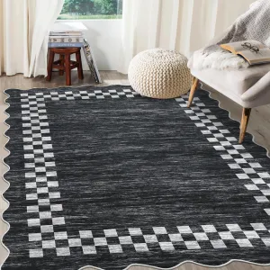 Bordered Dark Grey 8x10 Area Rug for Living Room Scalloped Washable Large Bedroom Rug Non Slip Stain Resistant Modern Border Dining Room Throw Carpet Scalloped Boho Rug for Home Decor Office Nursery
