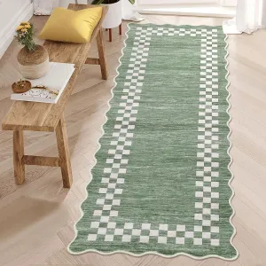 Hallway Runner Rug 2x6 Non Slip Scalloped Washable Rug for Kitchen Entry, Bathroom, Living Room, Green