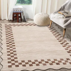 Bordered Beige 6x9 Area Rug Large Living Room Modern Border Throw Rug with Rubber Backing Stain Resistant Dining Room Throw Carpet Washable Scalloped Rug for Bedroom Home Decor Office