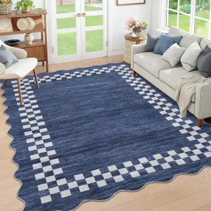 Bordered Dark Blue 6x9 Area Rug Large Living Room Modern Border Throw Rug with Rubber Backing Stain Resistant Dining Room Throw Carpet Washable Scalloped Rug for Bedroom Home Decor Office