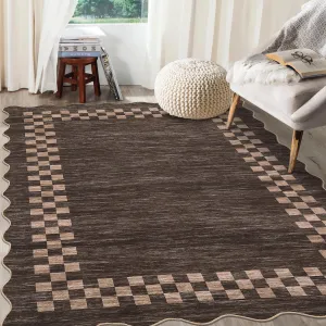 Bordered Brown 8x10 Area Rug for Living Room Scalloped Washable Large Bedroom Rug Non Slip Stain Resistant Modern Border Dining Room Throw Carpet Scalloped Boho Rug for Home Decor Office Nursery