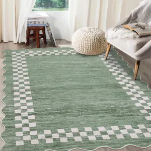 Bordered Green 8x10 Area Rug for Living Room Scalloped Washable Large Bedroom Rug Non Slip Stain Resistant Modern Border Dining Room Throw Carpet Scalloped Boho Rug for Home Decor Office Nursery