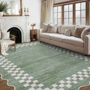 Bordered Green 10x13 Large Area Rug Non-Slip Low Pile Machine Washable for Living Room Bedroom