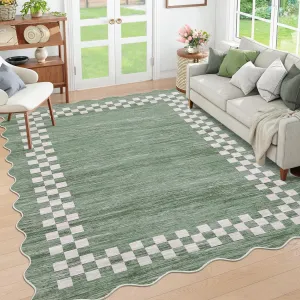 Bordered Green 5x7 Washable Rug for Living Room Large Bedroom Scalloped Rug Non Slip Stain Resistant Modern Border Throw Carpet Soft Boho Rug for Dining Room Nursery Home Office