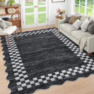 Bordered Dark Grey 6x9 Area Rug Large Living Room Modern Border Throw Rug with Rubber Backing Stain Resistant Dining Room Throw Carpet Washable Scalloped Rug for Bedroom Home Decor Office