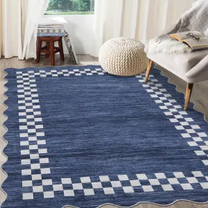 Bordered Dark Blue 9x12 Scalloped Washable Area Rug Modern Border, Stain Resistant, Ultra-Soft Polyester, Non-Slip Backing, Pet & Kid Friendly for Living Room