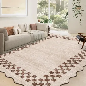Bordered Beige 9x12 Scalloped Washable Area Rug for Living Room Modern Border Large Bedroom Throw Carpet with Rubber Backing Stain Resistant Boho Rug for Dining Room Home Decor Office