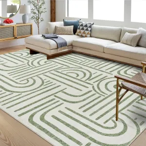 Washable 9x12 Area Rugs Abstract Soft Rainbow Non Slip Rubber Low Pile Stain Resistant Boho Geometric Carpet Green for Living Room Bedroom Dining Room