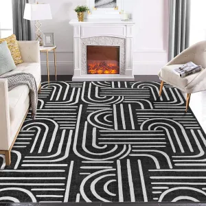 Washable 10x13 Area Rugs Abstract Soft Rainbow Non Slip Rubber Back for Living Room Bedroom Dining Room Black