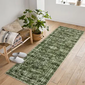 Washed Back Low Pile Area Rug for Living Room 2x6ft Washable Non Slip Carpet Green