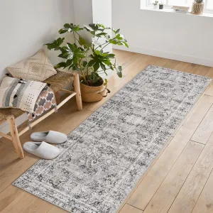 Washed Back Low Pile Area Rug for Living Room 2x6ft Non Slip Washable Carpet Grey
