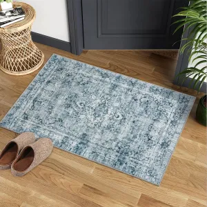 Washed Back Low Pile Area Rug Washable Non Slip Carpet for Living Room Bedroom Kitchen 2x3ft Blue