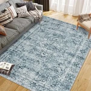 Washed Back Low Pile Area Rug for Living Room 10x13ft Washable Non Slip Carpet Blue