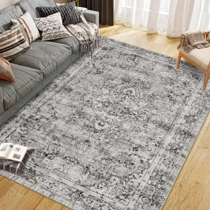 Washed Back Low Pile Area Rug for Living Room 10x13ft Grey Washable Non Slip Carpet for Bedroom Kitchen Dining Room