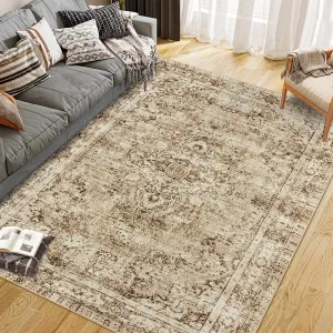 Washed Back Low Pile Area Rug for Living Room 9x12ft Beige Washable Non Slip Carpet for Bedroom Kitchen Dining Hallway