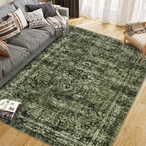 Washed Back Folded Printed Rug Faux Wool Felt Fabric Non Slip Low Pile Area Rug for Living Room Bedroom Hallway Kitchen Dining Room Large Washable Carpet
