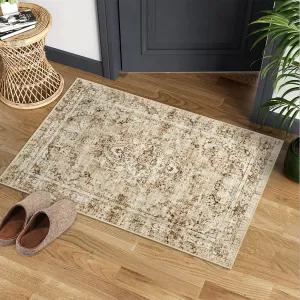 Washed Back Low Pile Area Rug for Living Room 2x3ft Washable Non Slip Carpet Beige