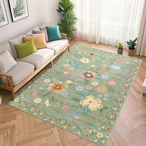 9x12 Area Rug Boho Floral Machine Washable Ultra-Thin Non Slip Low Pile Carpet Green for Living Room Bedroom Nursery