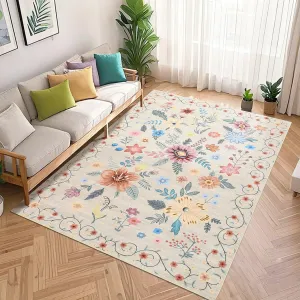 9x12 Area Rug Boho Floral Rugs Machine Washable Ultra-Thin Non Slip Low Pile Beige