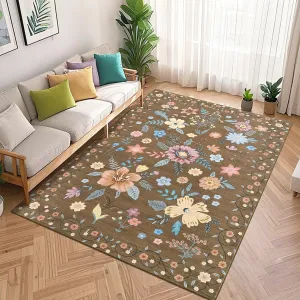 9x12 Area Rug Boho Floral Machine Washable Ultra-Thin Non-Slip Brown Carpet for Living Room Bedroom Nursery