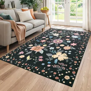 Area Rugs Floral 4x6 Machine Washable Boho Ultra-Thin Soft Non Shedding Black