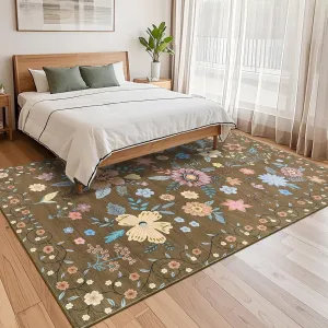 Floral 8x10 Large Area Rugs Ultra-Thin Soft Boho Flower Carpet Non Slip Washable Brown