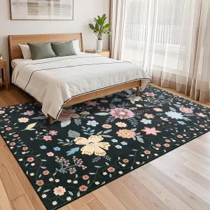 Floral 8x10 Large Area Rugs for Living Room, Ultra-Thin Soft Boho Flower Carpet Rug Non Slip Black