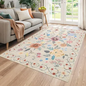 Area Rug 6x9 Washable Floral Rug with Non Slip Backing for Living Room Bedroom Nursery, Beige